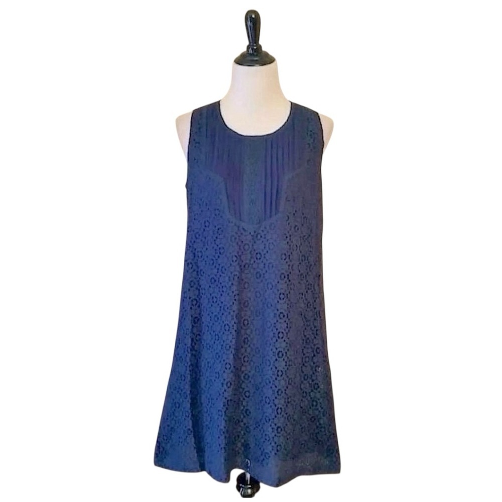 Navy Blue Shift Dress Lace Pleated Yoke ModCloth by Ya Los Angeles Medium